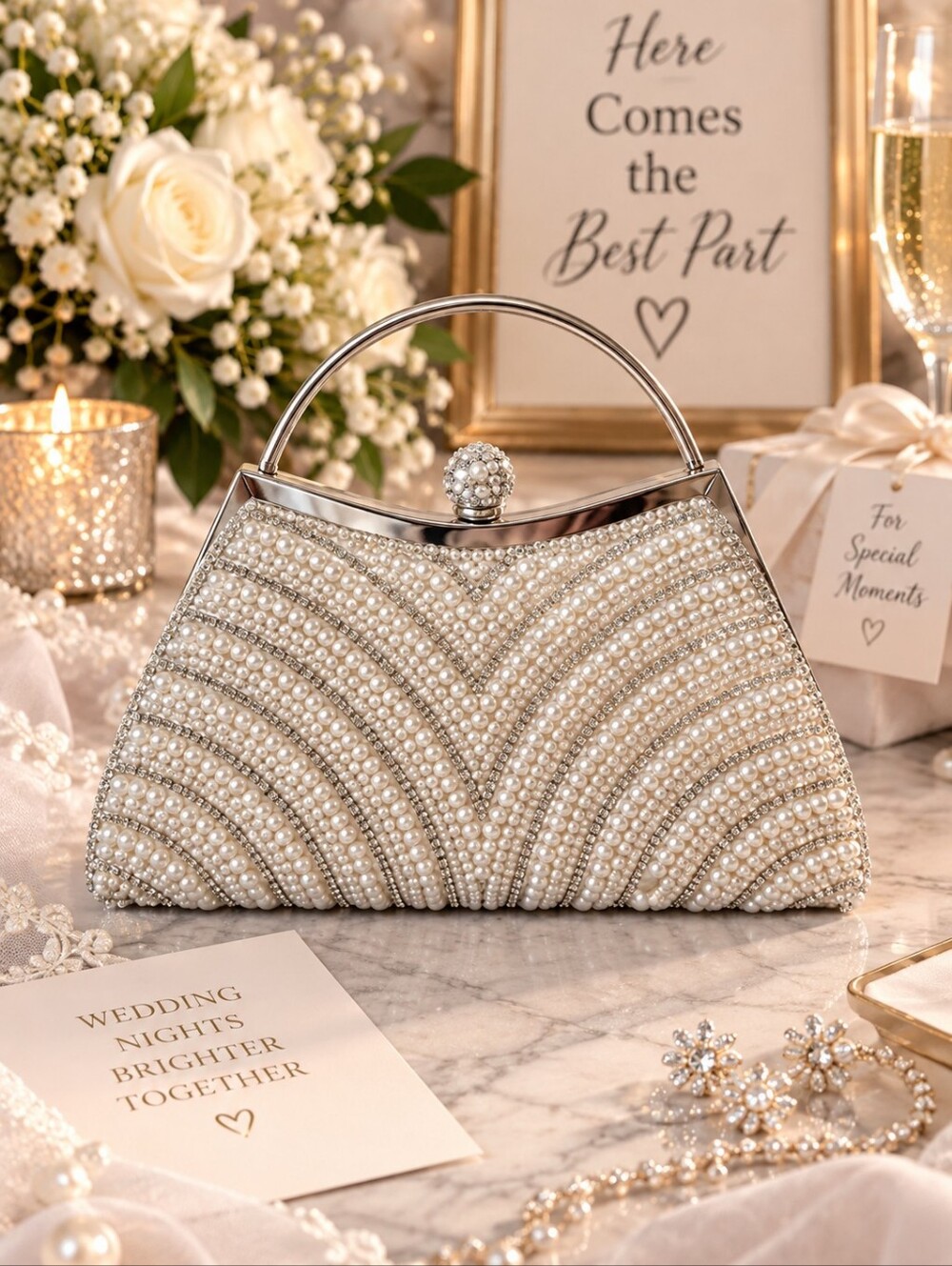 Pearl Rhinestone Bridal Evening Bag Silver Top Handle Wedding Clutch